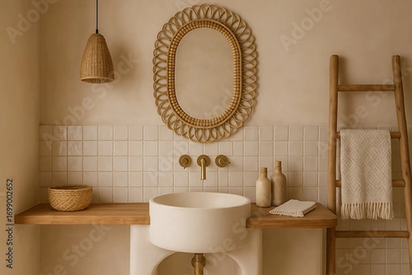 Obraz modern home decor bohemian. A warm, minimalist bathroom featuring natural materials, a round mirror, and soft tones, creating a serene and inviting atmosphere.