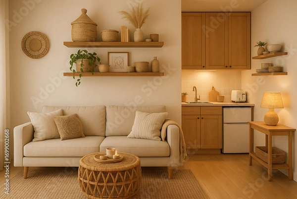Obraz modern home decor bohemian. A cozy, modern living space featuring a beige sofa, wooden accents, and warm lighting, creating a welcoming atmosphere.