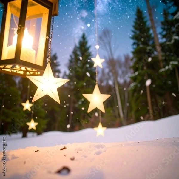 Obraz Wooden lantern, glowing stars, snowy forest at night