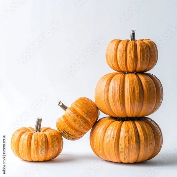 Obraz Stacked pumpkins, orange, small, white background, autumnal