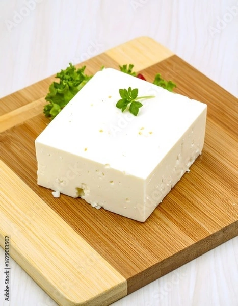 Obraz Block of white cheese on wooden board with herbs