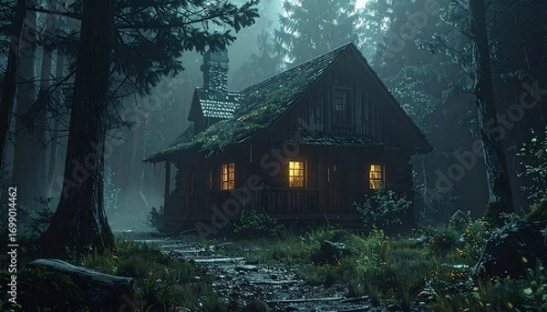 Fototapeta Misty forest cabin at night