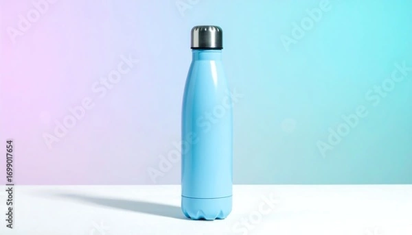 Obraz Light-blue insulated water bottle on white surface against a gradient background