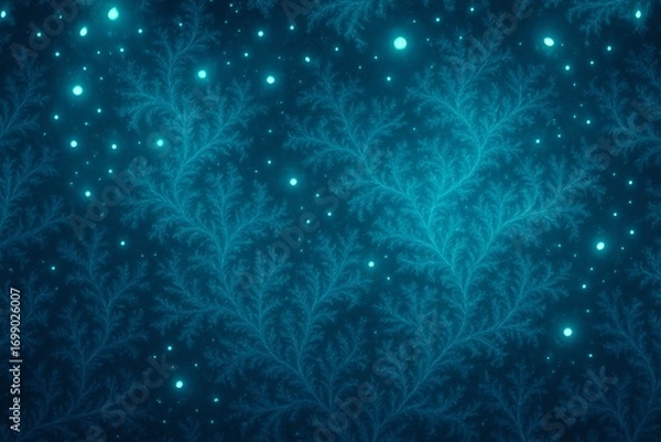 Fototapeta coral fractal illustration, neon blue, luminous orbs, abstract underwater fantasy texture background