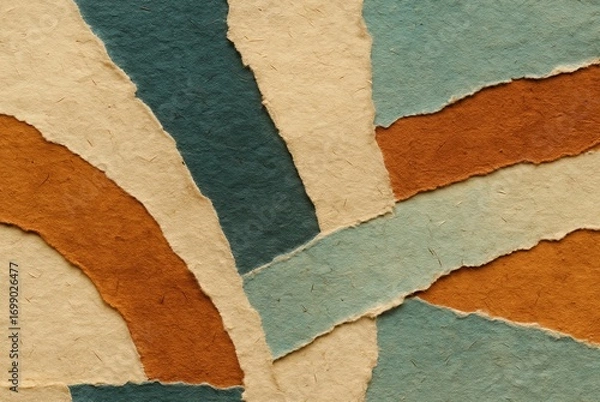 Fototapeta Layered handmade paper collage illustration, cream, teal, visible paper fibers, clean torn edges, 