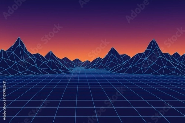 Fototapeta 80s retro illustration wire frame mountains, cinematic futuristic atmosphere, minimalist sci-fi abstract backdrop