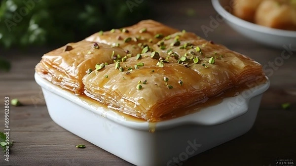 Fototapeta A delicious, golden-brown baklava, glistening with syrup, is topped with pistachios, arranged in a white baking dish on a wooden surface.