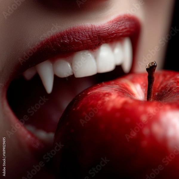 Obraz Close-up of vampire fangs biting into a red apple