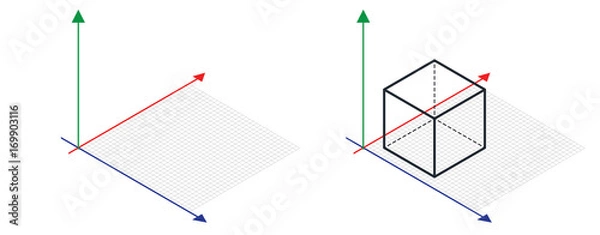 Obraz Isometric drawing a thirty degreesangle is applied to its sides. The cube opposite. 3d coordinate axis vector . Isometric Grid vector