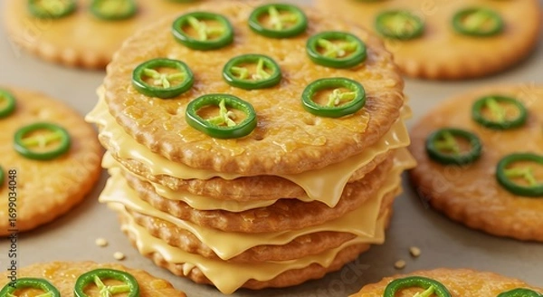 Fototapeta Spicy Cracker Stack with Green Jalapenos and Cheese Sauce