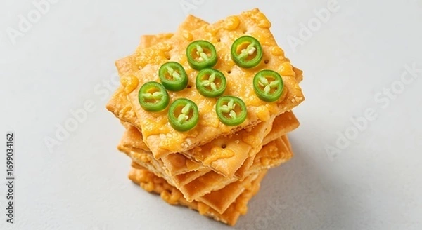 Fototapeta Spicy Cheese Crackers: A Stack of JalapeÃ±o-Topped Crisps