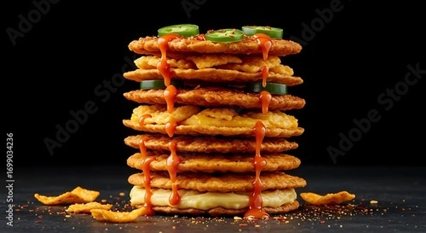 Fototapeta Stacked Crispy Food with Orange Sauce and Green Jalapenos on Dark Background