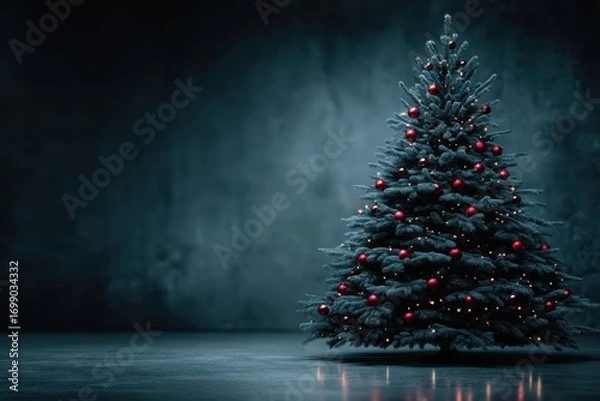 Fototapeta Christmas tree decorated with red ornaments and lights in a dark, moody indoor setting during the holiday season