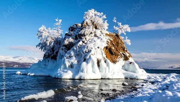 Obraz Snowy, icy islet in a lake. Sparkling ice and snow cover rocky outcrop with trees. Clear blue sky