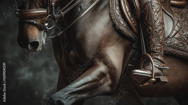 Fototapeta Horse in motion with a detailed saddle and rider's leg visible, emphasizing elegance and craftsmanship in equestrian gear
