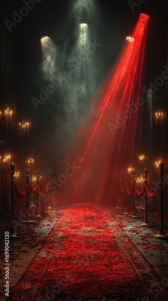 Fototapeta Elegant red carpet pathway illuminated by dramatic spotlights in a lavish, atmospheric setting at night