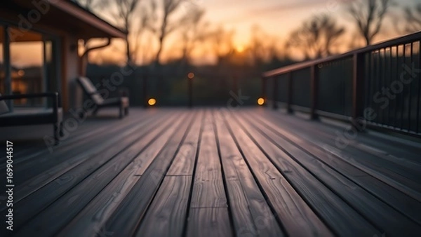 Fototapeta A serene wooden deck bathed in twilight glow, offering a peaceful and minimalist outdoor scene.