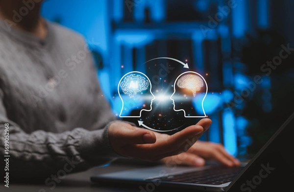 Fototapeta Human and AI Knowledge Transfer and Collaboration Concept. Person interacting with icons showing human brain and AI brain, symbolizing artificial intelligence, machine learning, and knowledge exchange