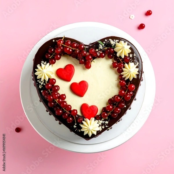 Obraz Heart-shaped cake decorated with red berries and heart-shaped candies