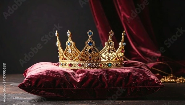 Obraz Ornate golden crown resting on a burgundy velvet cushion, draped with a rich crimson fabric