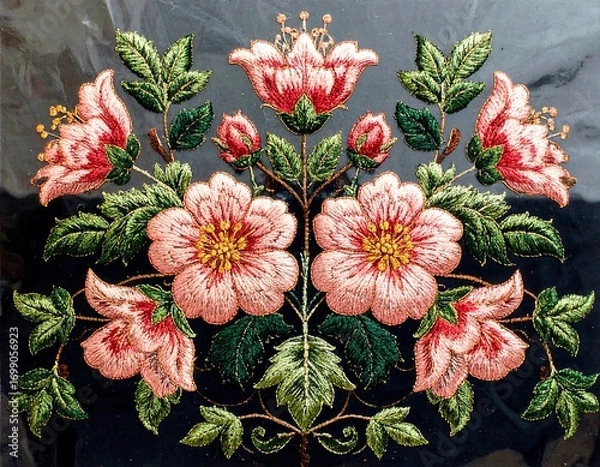 Obraz Detailed embroidery of symmetrical floral bouquet, in pinks and greens on dark background