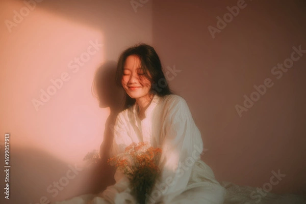 Fototapeta girl joyfully holds beautiful bouquet of flowers against soft pink background radiating warmth and tenderness
