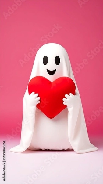 Obraz Friendly ghost holding a red heart against a pink backdrop