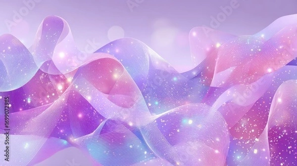 Fototapeta Colorful girl pattern with purple kawaii invitation theme, rainbow gradient mesh and iridescent hologram texture on pink cosmic background, dreamy lilac fantasy style for magic abstract design