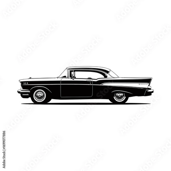 Fototapeta Sleek black silhouette of a vintage hardtop coupe from the fifties, a nostalgic ride from a bygone motoring era isolated on white