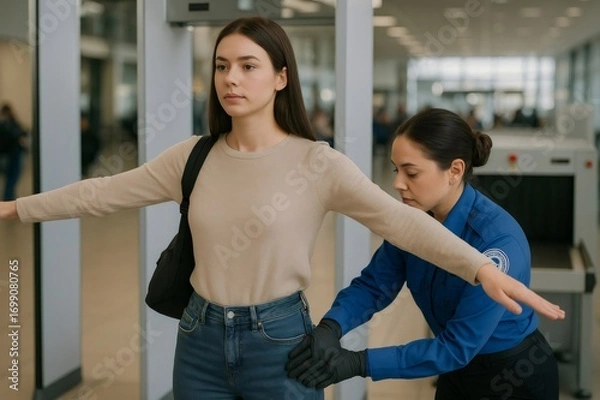 Fototapeta Security officer checking passenger at airport checkpoint