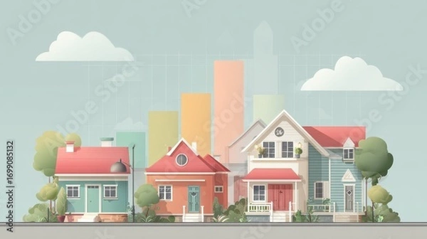 Obraz Real estate investment infographic flat design side view property market theme animation colored pastel.