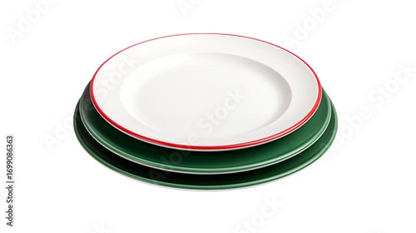 Obraz Stack of three plates featuring a white plate with red rim and two green plates against black background