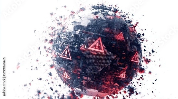 Fototapeta Virus outbreak affecting global technology infrastructure, digital globe with warning symbols, futuristic cybersecurity threats, isolated on white background, copy space for technology crisis concept.