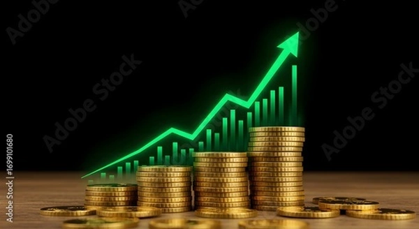 Fototapeta Golden coin stacks forming a bar chart with a glowing green arrow indicating business profit and economic increase on a dark background