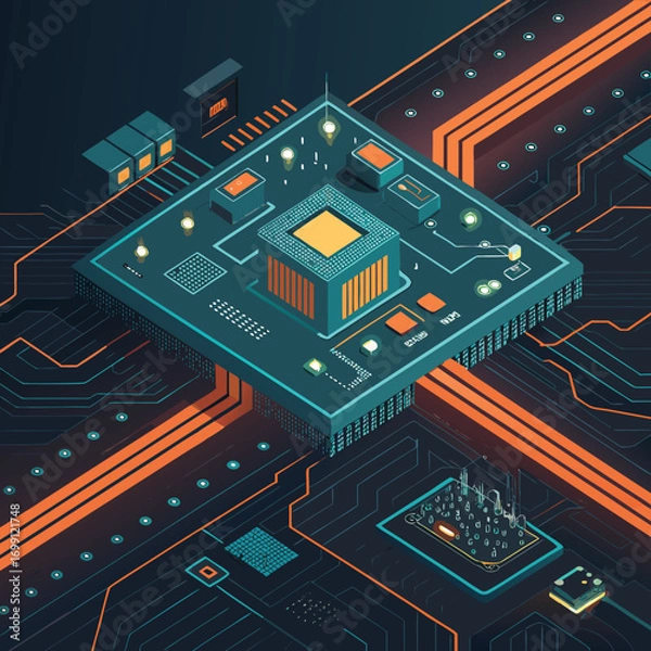 Fototapeta Isometric illustration of a modern computer chip with intricate circuit patterns and glowing orange pathways