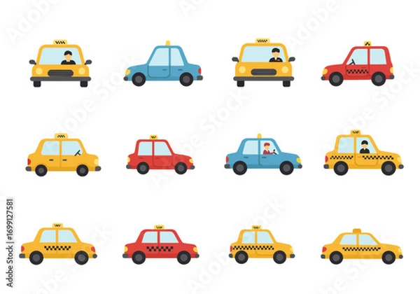 Fototapeta Twelve cartoonstyle taxis in a 4x3 grid various colors and driver presence