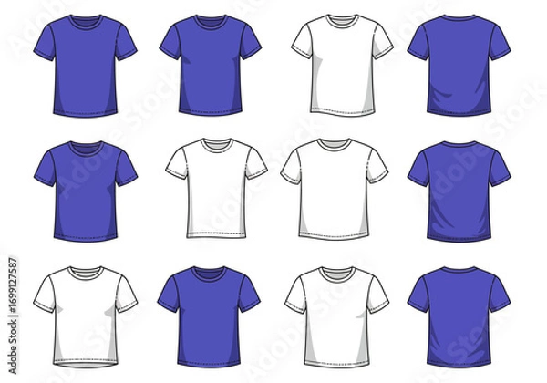 Fototapeta Twelve cartoonstyle tshirts arranged in a 3x4 grid alternating between solid purple and white