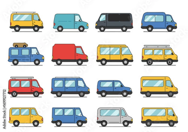 Fototapeta Varied cartoon vans in rows with solid colors and simple lineart