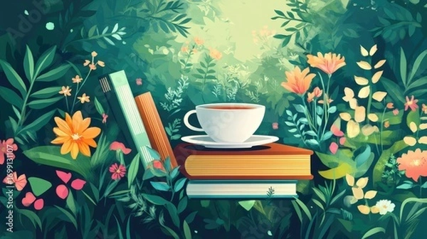 Fototapeta A white cup with a flower on it sits on top of two books