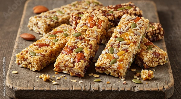 Fototapeta Deliciously wholesome granola bars packed with nuts and seeds, perfect for a healthy snack on the go.