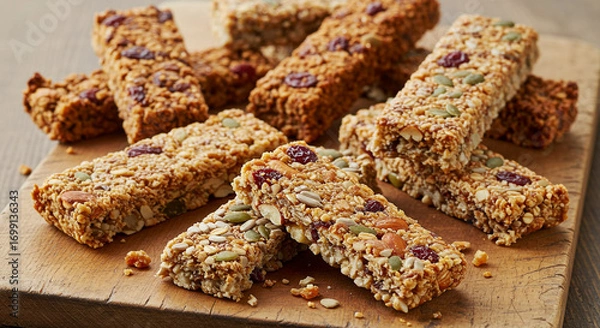 Fototapeta A close up of several granola bars with seeds and dried cranberries on a wooden cutting board surface