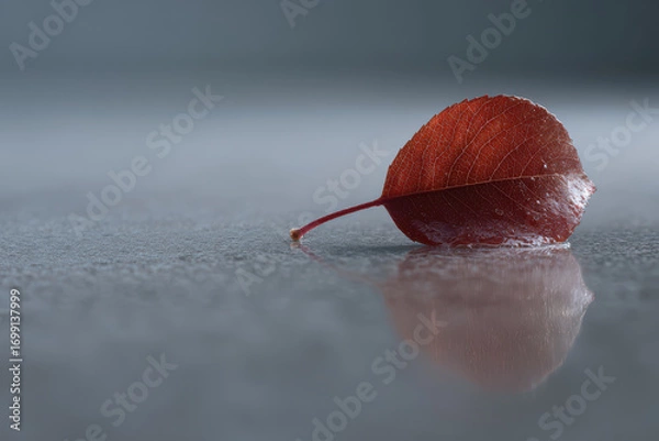 Fototapeta solitary red leaf rests on gray concrete surface essence of solitude