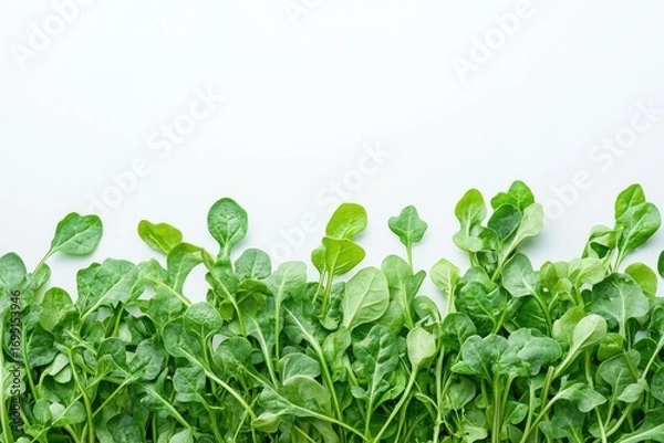 Fototapeta Fresh arugula leaves arranged on a white background, creating a vibrant and healthy border