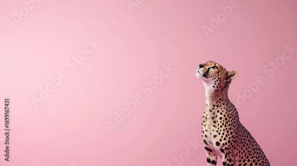 Obraz Cheetah Looking Up Against a Soft Pink Background in Studio Setting