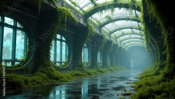 Fototapeta Post-apocalyptic AI research facility reclaimed by nature, overgrown with cybernetic vines and biotechnological organisms
