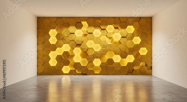 Fototapeta Empty square room with Abstract of Honeycomb textures on wall