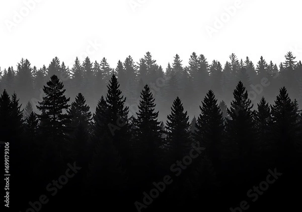 Fototapeta Silhouette of a dense forest with tall trees in black and white style