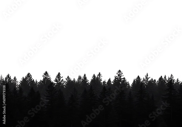 Fototapeta Silhouette of a dense forest with tall trees isolated on white background