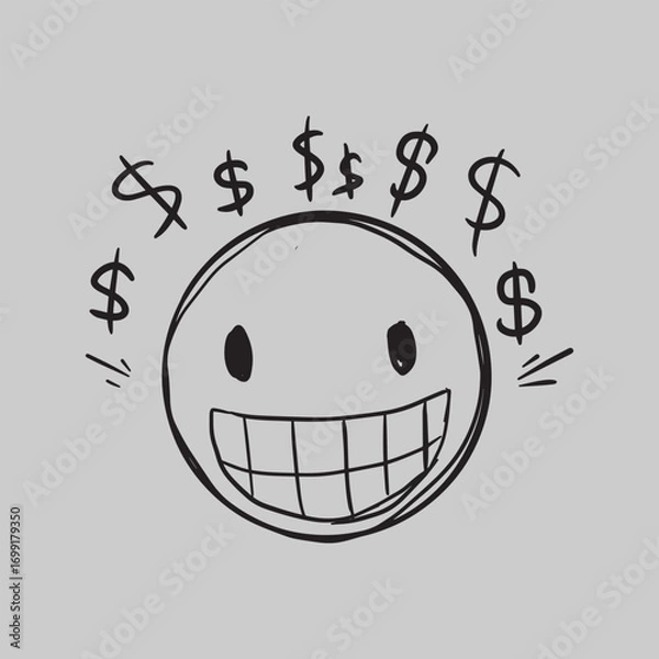 Fototapeta A hand-drawn doodle of a smiley face with dollar signs radiating around its head, symbolizing wealth and happiness.