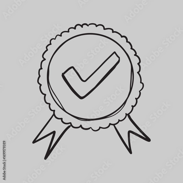 Fototapeta Hand-drawn doodle style badge with a checkmark and ribbons, symbolizing quality, approval, or completion on a gray background.